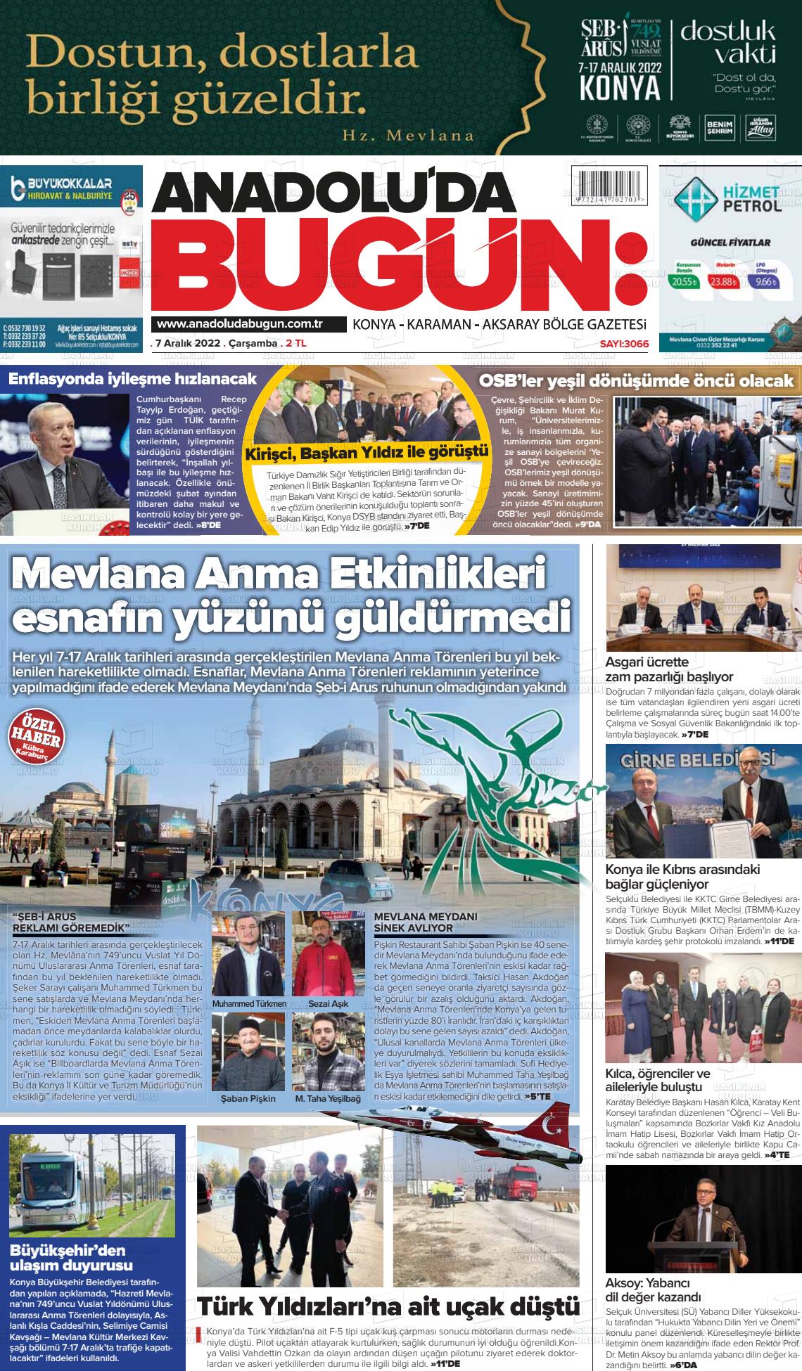 07 Aralık 2022 Anadolu'da Bugün Gazete Manşeti