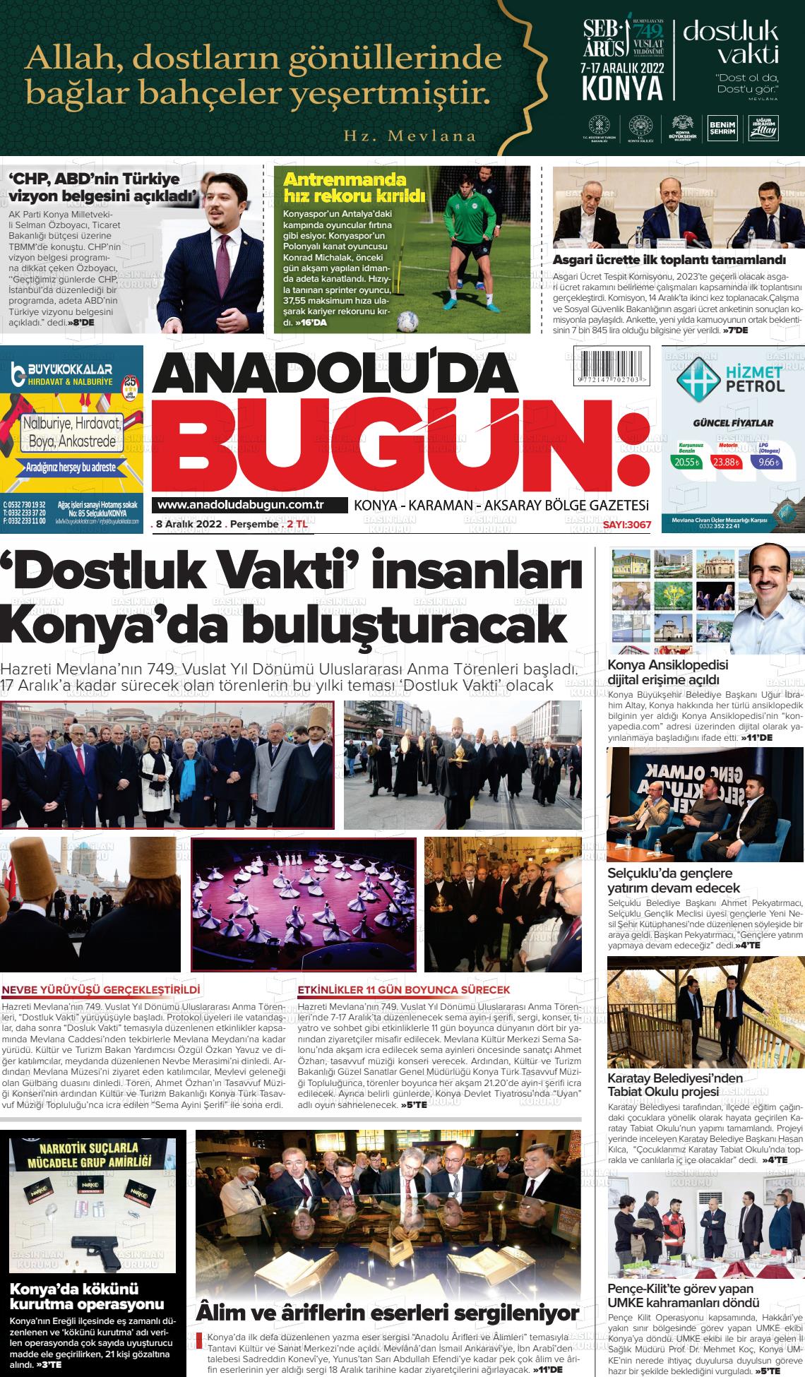 08 Aralık 2022 Anadolu'da Bugün Gazete Manşeti