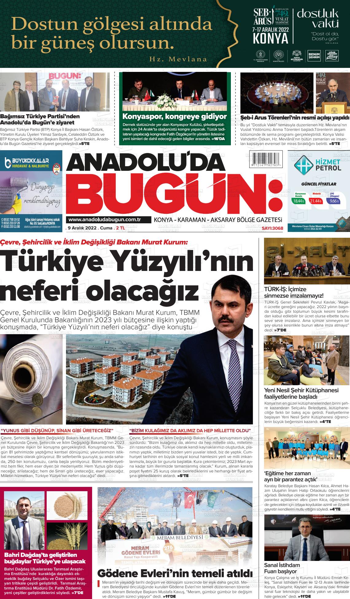 09 Aralık 2022 Anadolu'da Bugün Gazete Manşeti