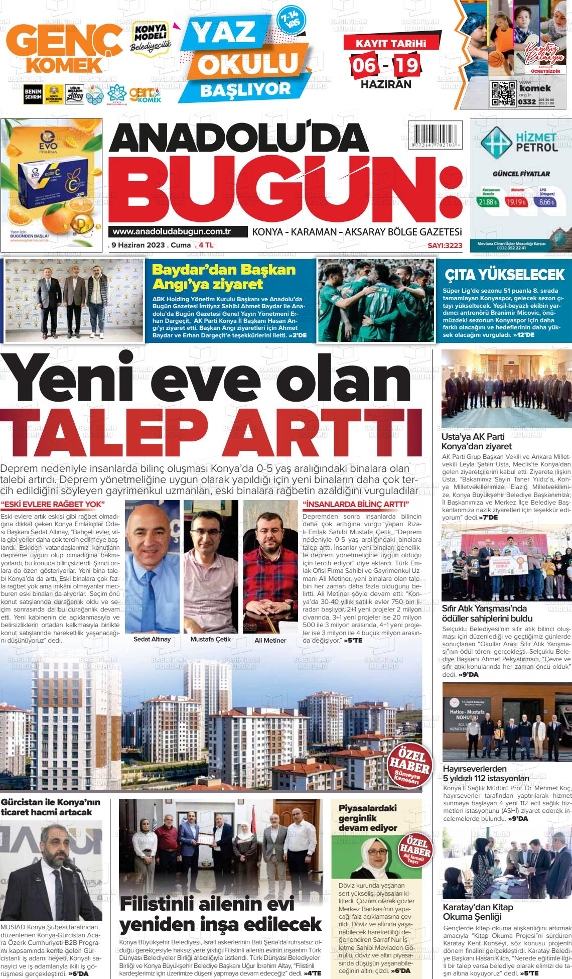 09 Haziran 2023 Anadolu'da Bugün Gazete Manşeti