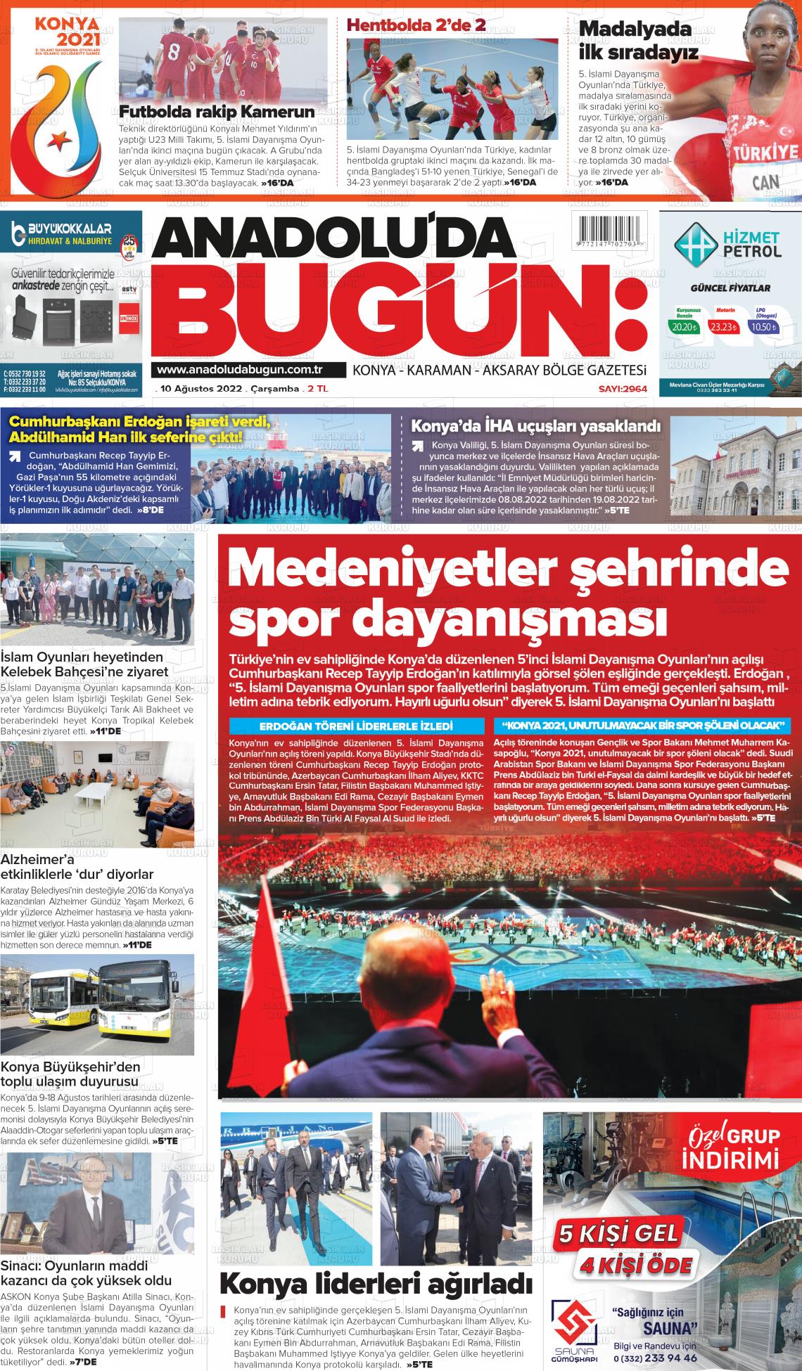 10 Ağustos 2022 Anadolu'da Bugün Gazete Manşeti