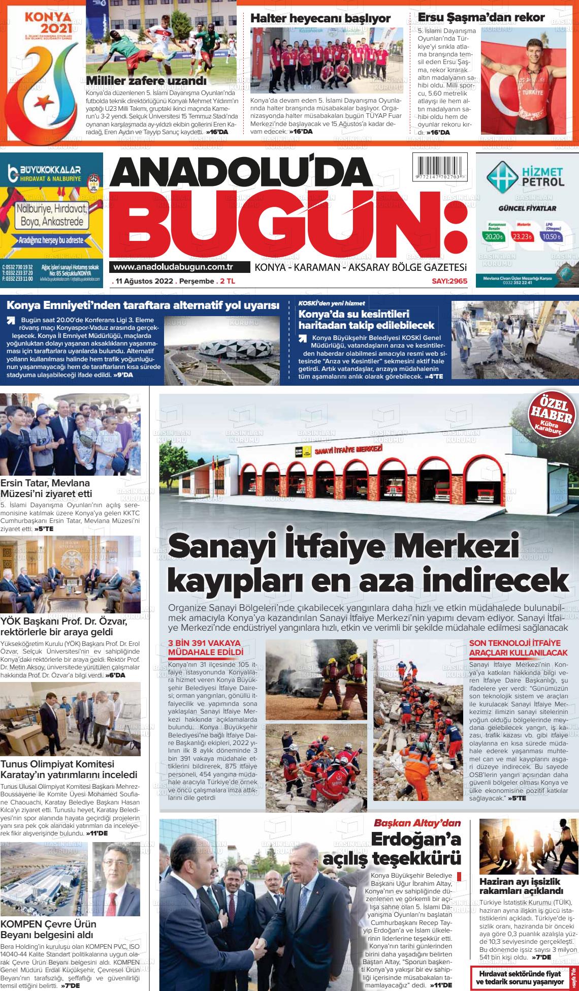 11 Ağustos 2022 Anadolu'da Bugün Gazete Manşeti