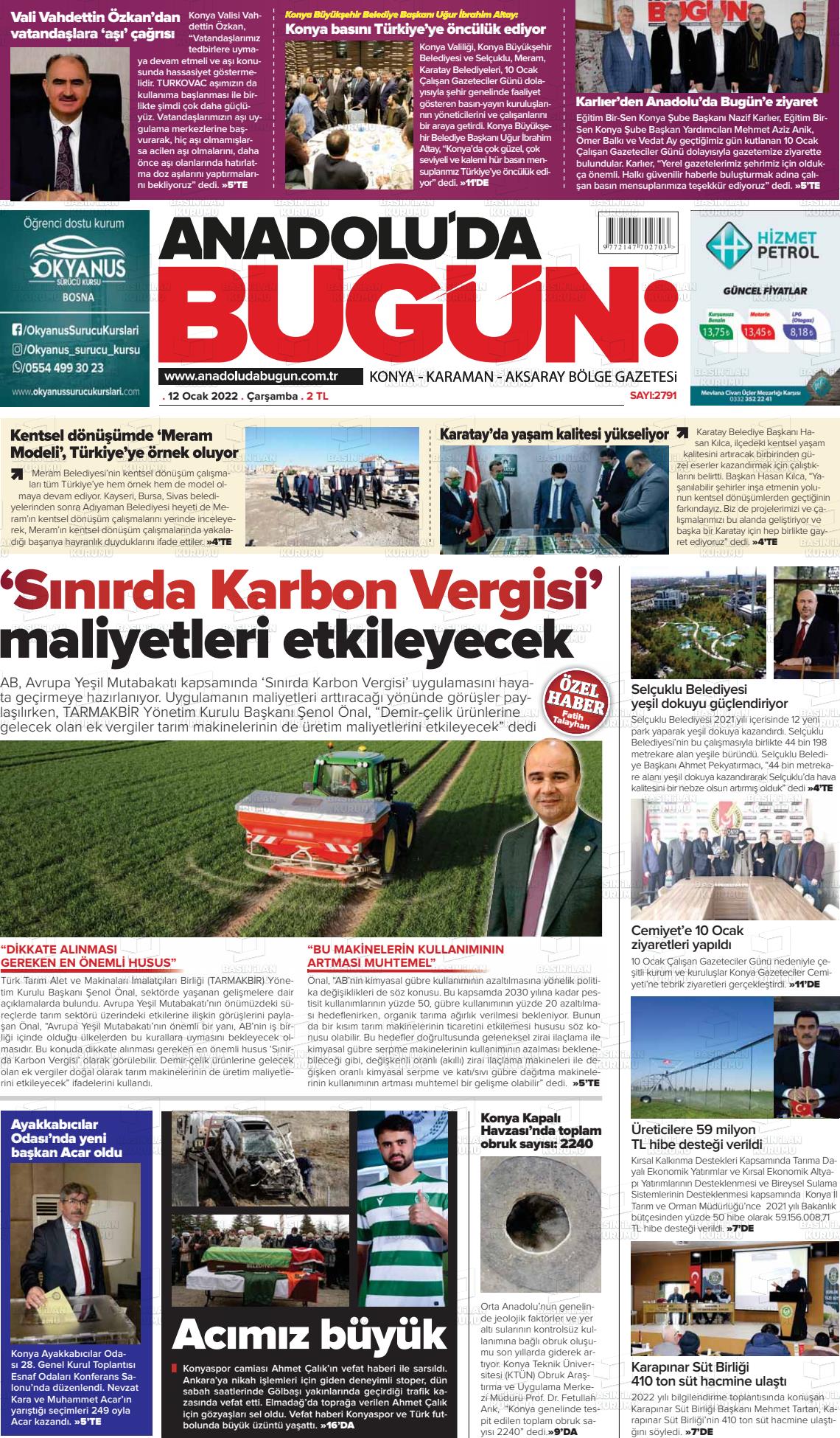 12 Ocak 2022 Anadolu'da Bugün Gazete Manşeti