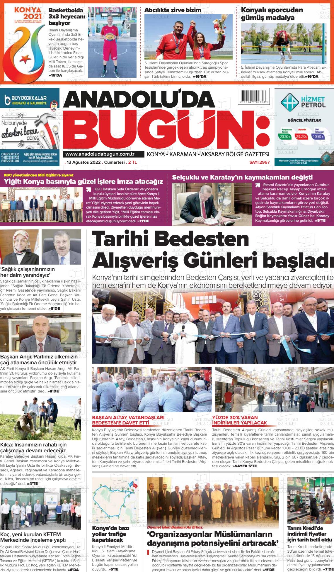 13 Ağustos 2022 Anadolu'da Bugün Gazete Manşeti