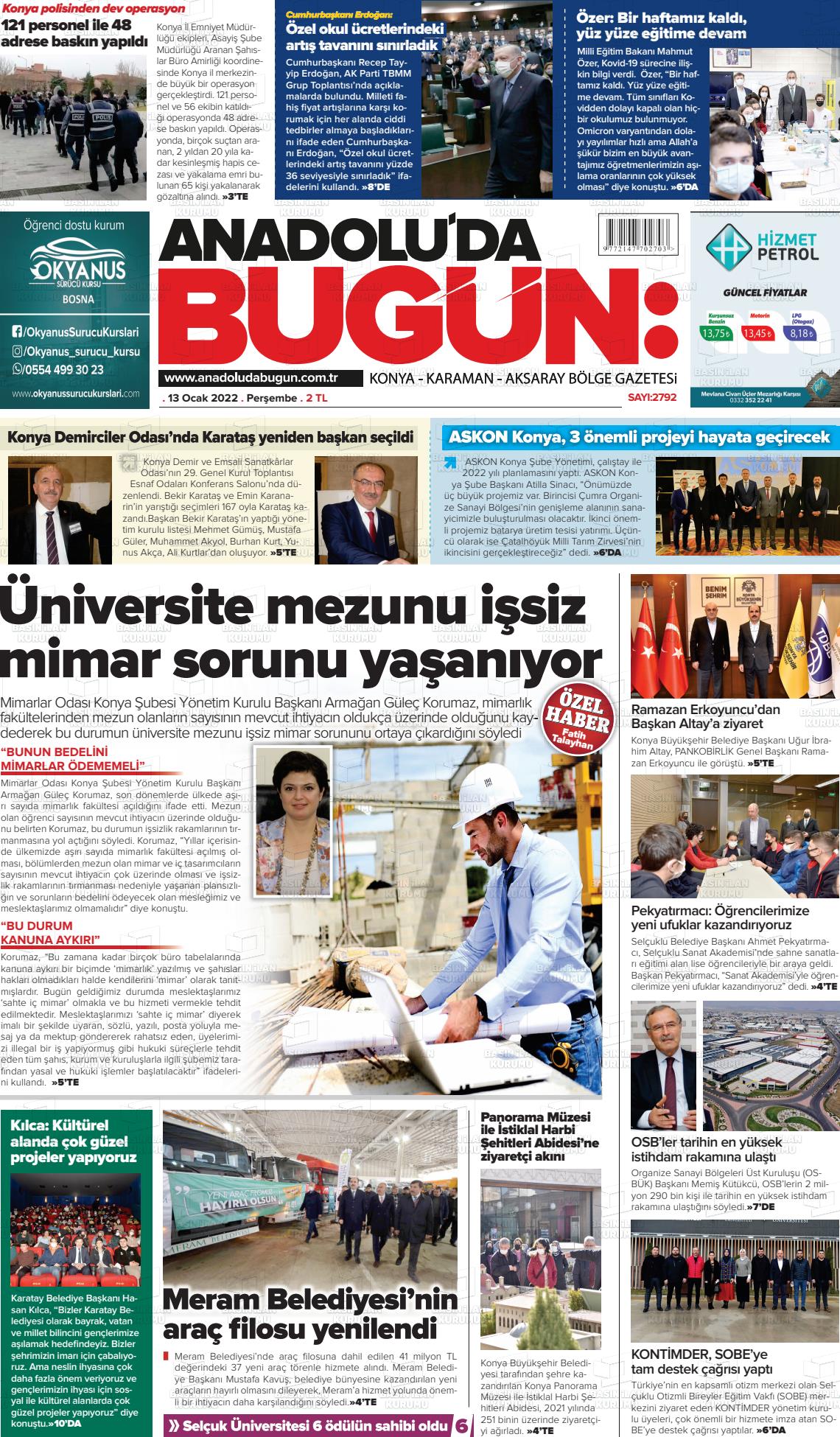 13 Ocak 2022 Anadolu'da Bugün Gazete Manşeti