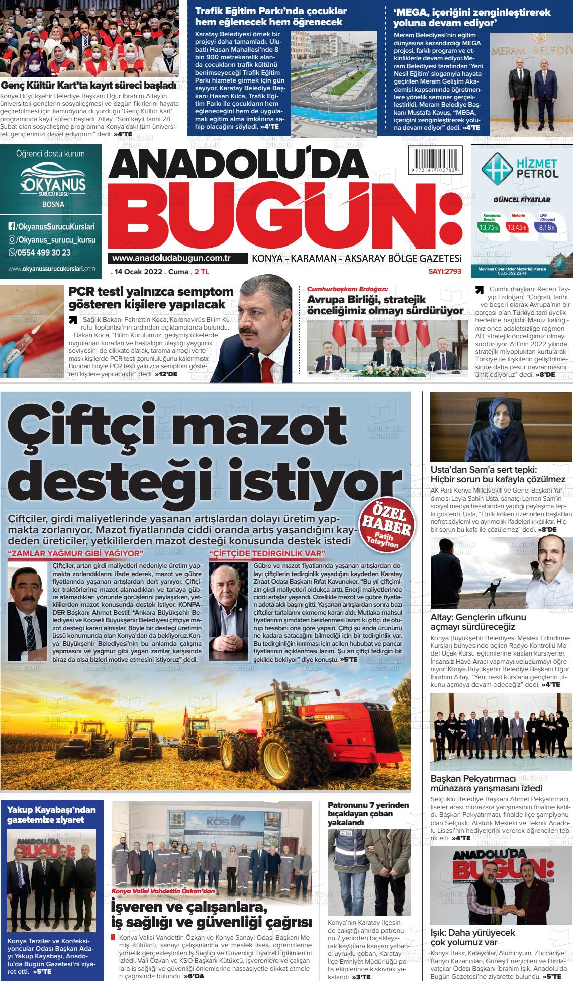 14 Ocak 2022 Anadolu'da Bugün Gazete Manşeti