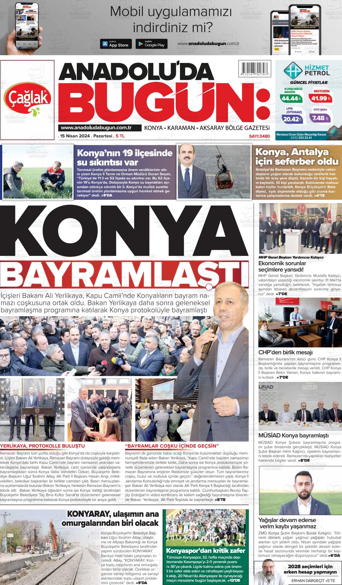 15 Nisan 2024 Anadolu'da Bugün Gazete Manşeti