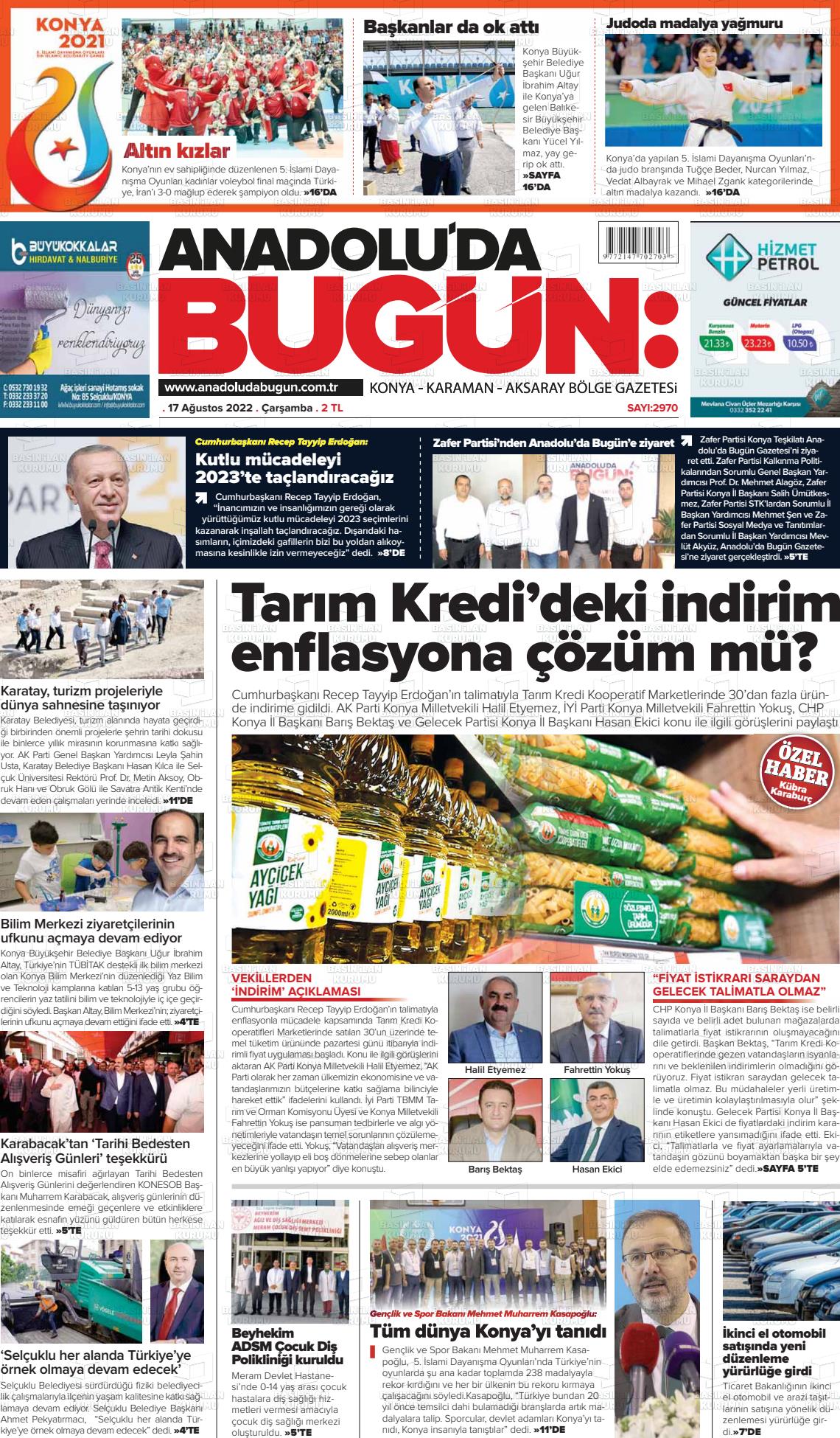 17 Ağustos 2022 Anadolu'da Bugün Gazete Manşeti