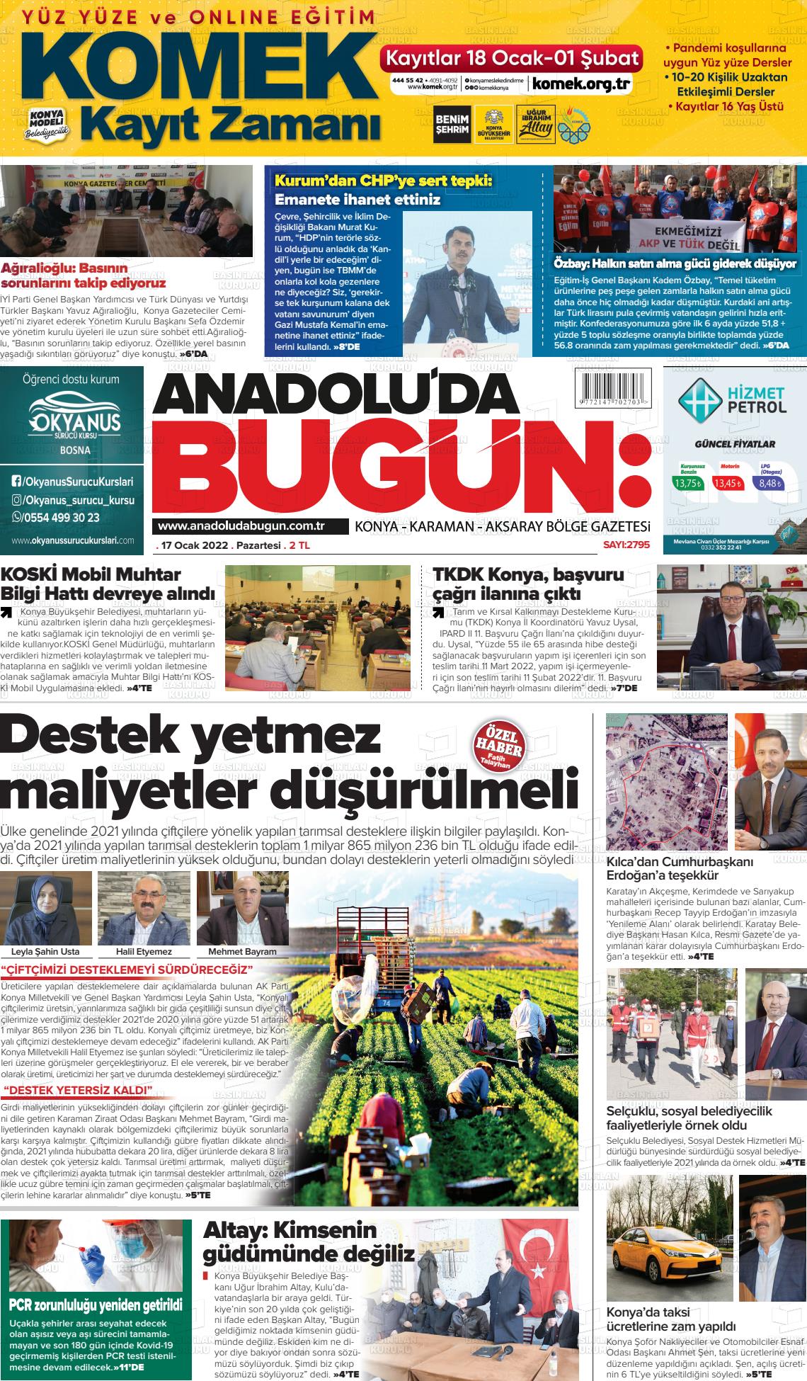 17 Ocak 2022 Anadolu'da Bugün Gazete Manşeti