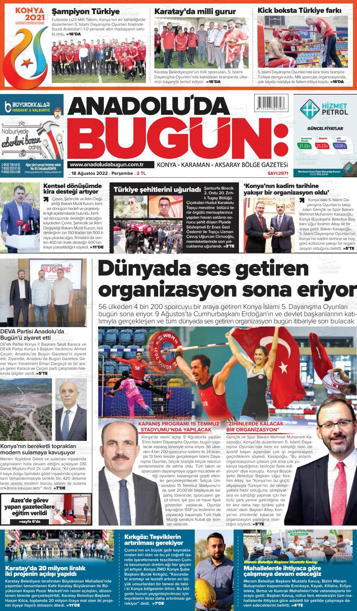 18 Ağustos 2022 Anadolu'da Bugün Gazete Manşeti