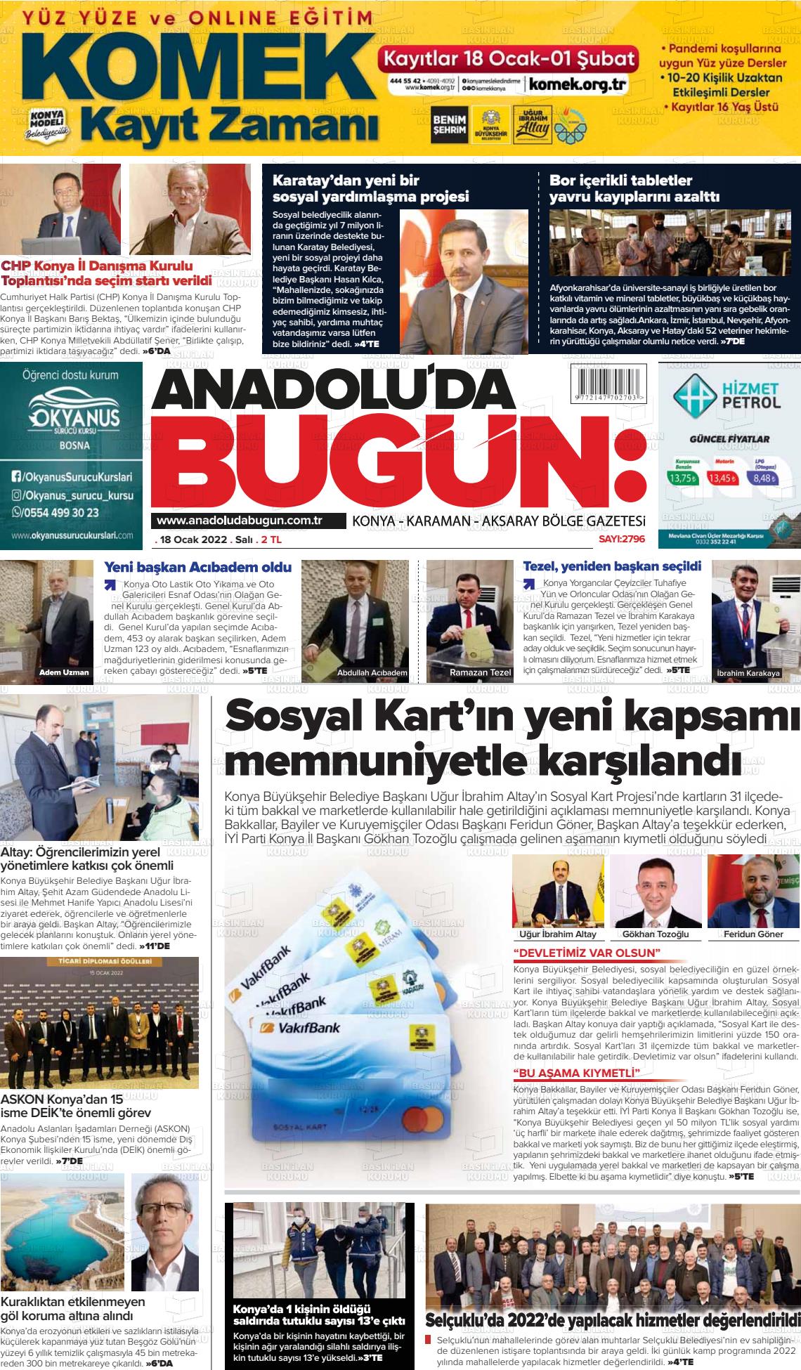 18 Ocak 2022 Anadolu'da Bugün Gazete Manşeti