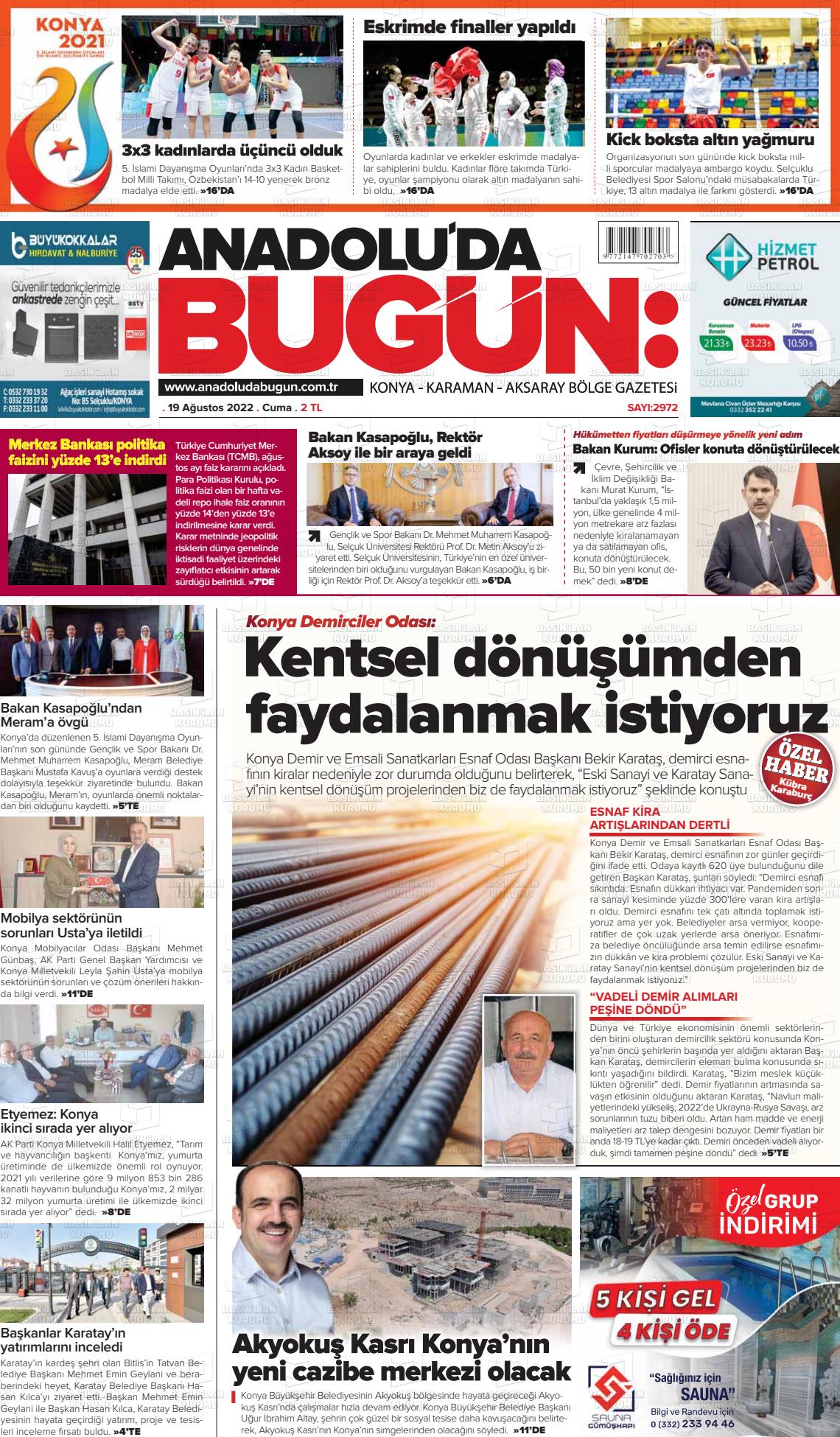 19 Ağustos 2022 Anadolu'da Bugün Gazete Manşeti