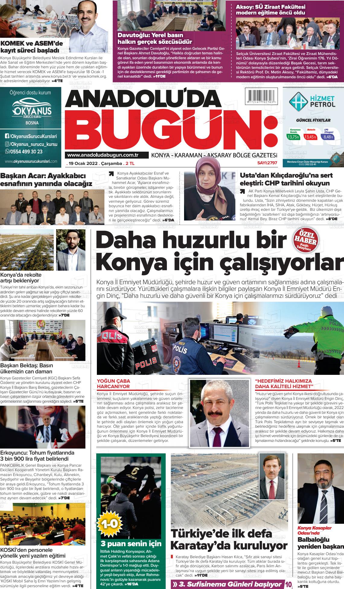 19 Ocak 2022 Anadolu'da Bugün Gazete Manşeti