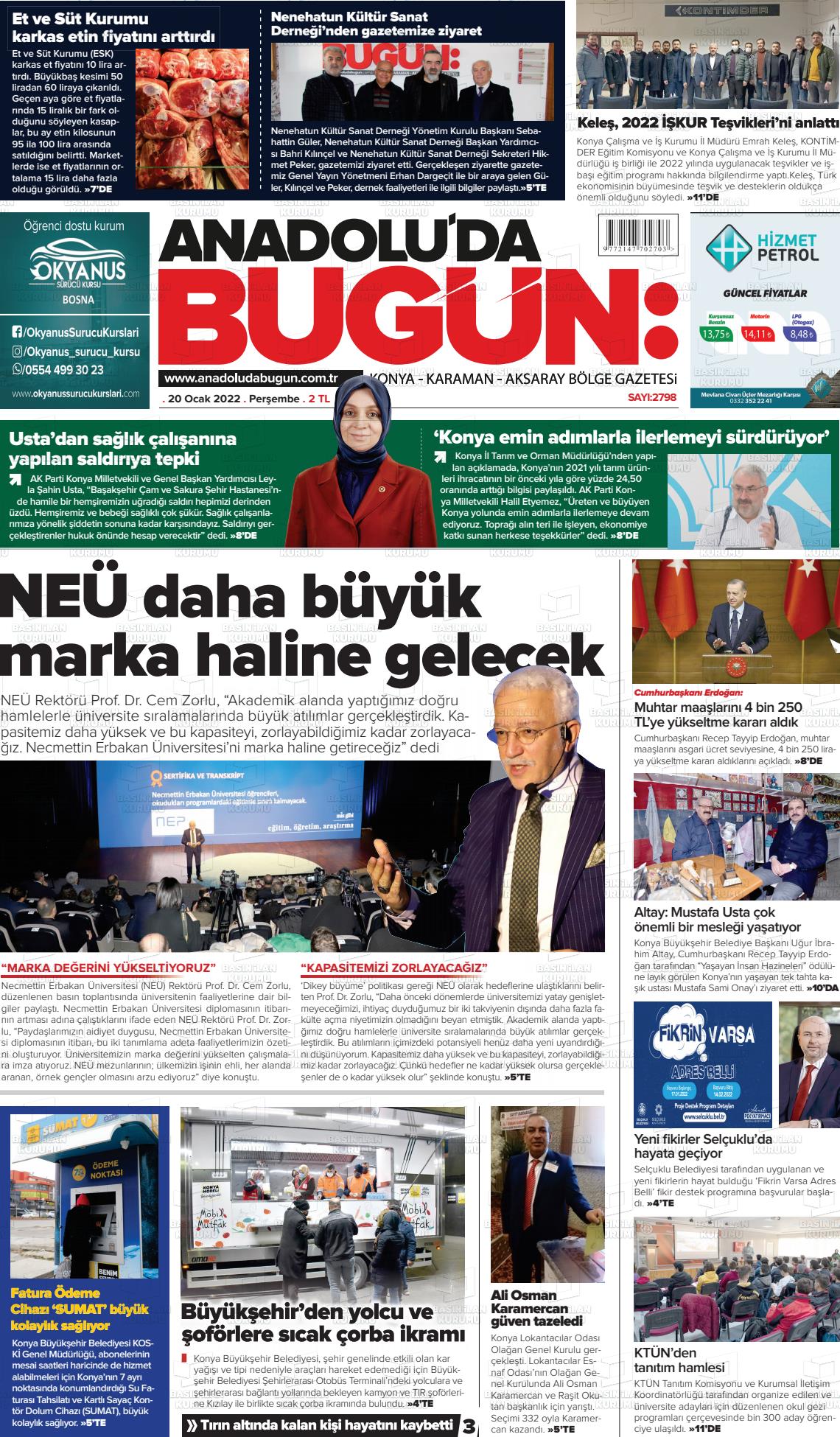 20 Ocak 2022 Anadolu'da Bugün Gazete Manşeti