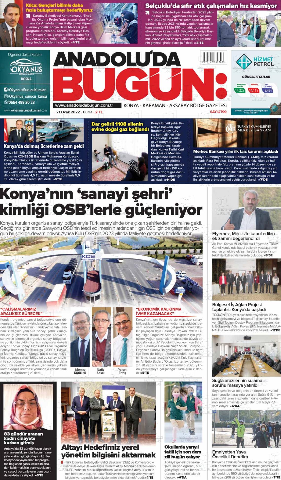 21 Ocak 2022 Anadolu'da Bugün Gazete Manşeti