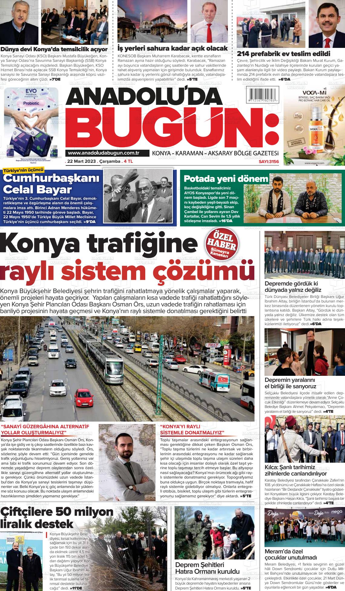 22 Mart 2023 Anadolu'da Bugün Gazete Manşeti