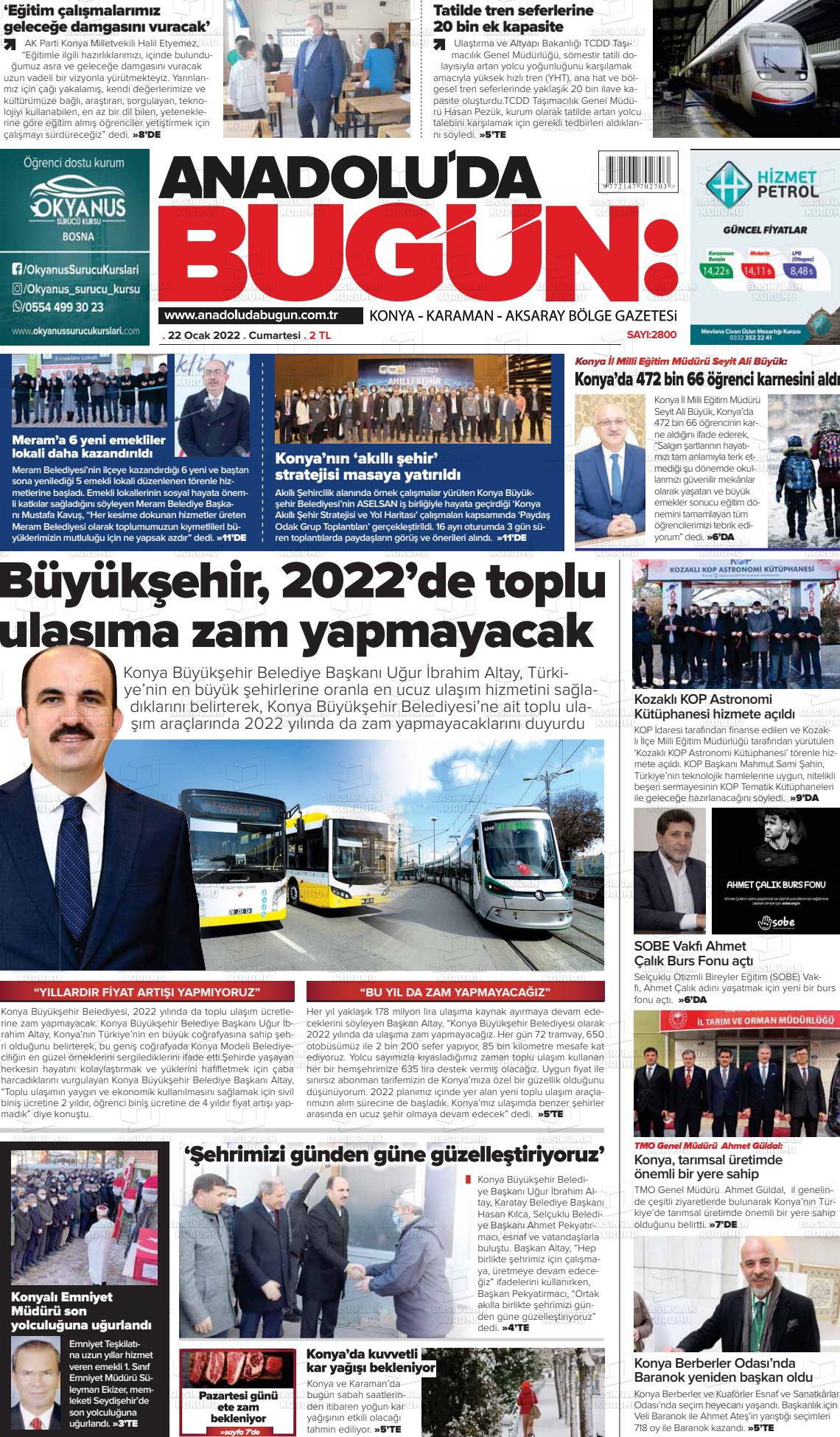 22 Ocak 2022 Anadolu'da Bugün Gazete Manşeti