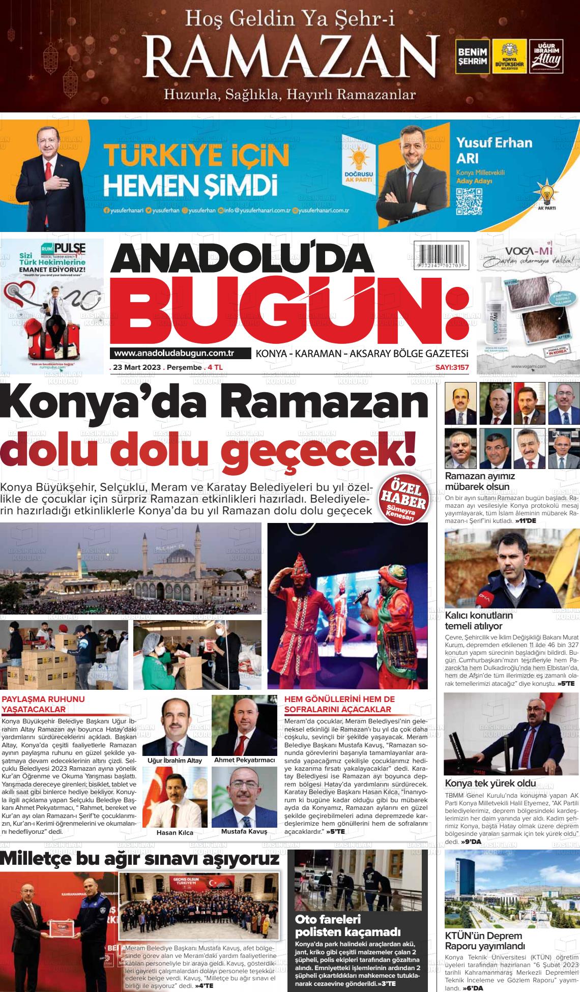 23 Mart 2023 Anadolu'da Bugün Gazete Manşeti