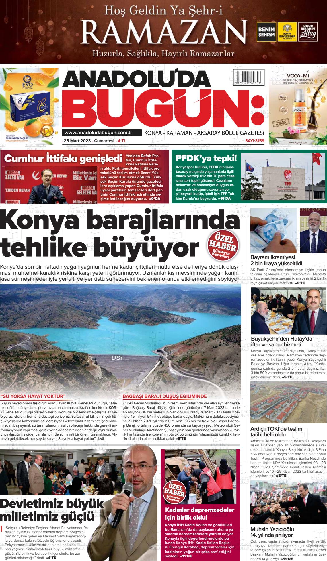 25 Mart 2023 Anadolu'da Bugün Gazete Manşeti