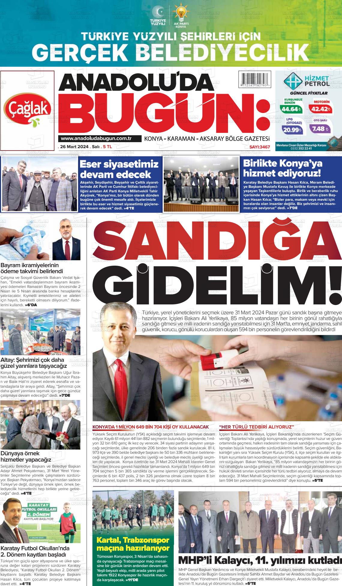 26 Mart 2024 Anadolu'da Bugün Gazete Manşeti