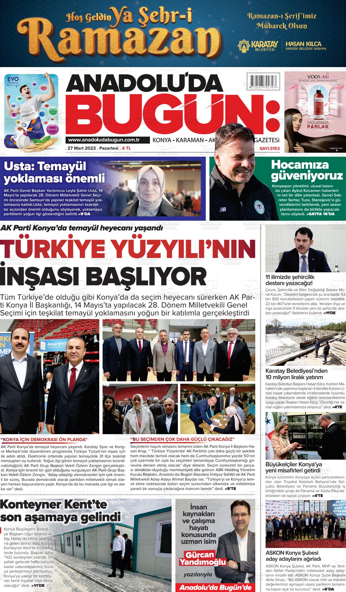 27 Mart 2023 Anadolu'da Bugün Gazete Manşeti