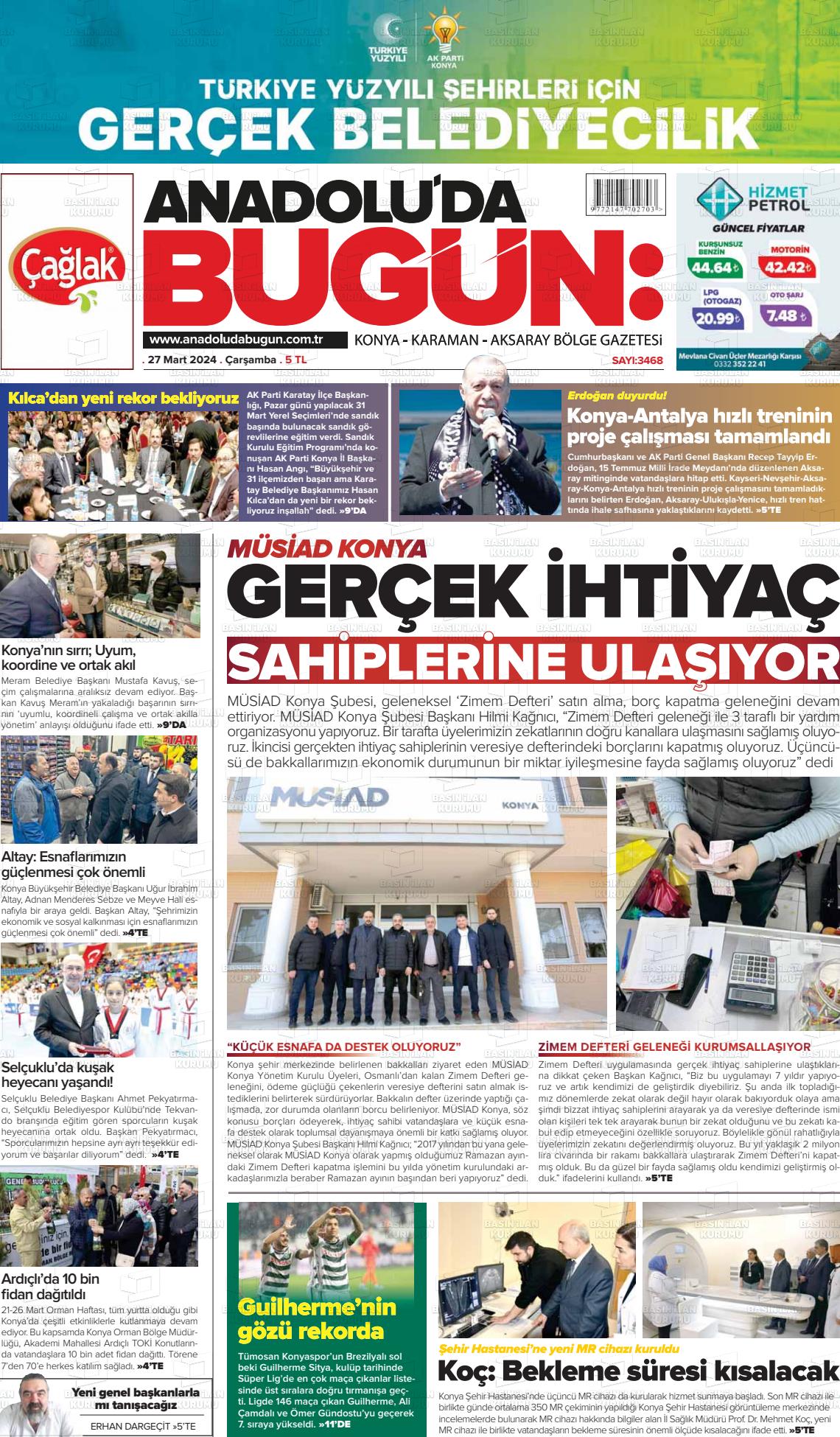 27 Mart 2024 Anadolu'da Bugün Gazete Manşeti