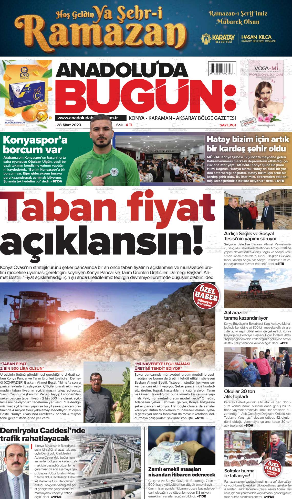 28 Mart 2023 Anadolu'da Bugün Gazete Manşeti