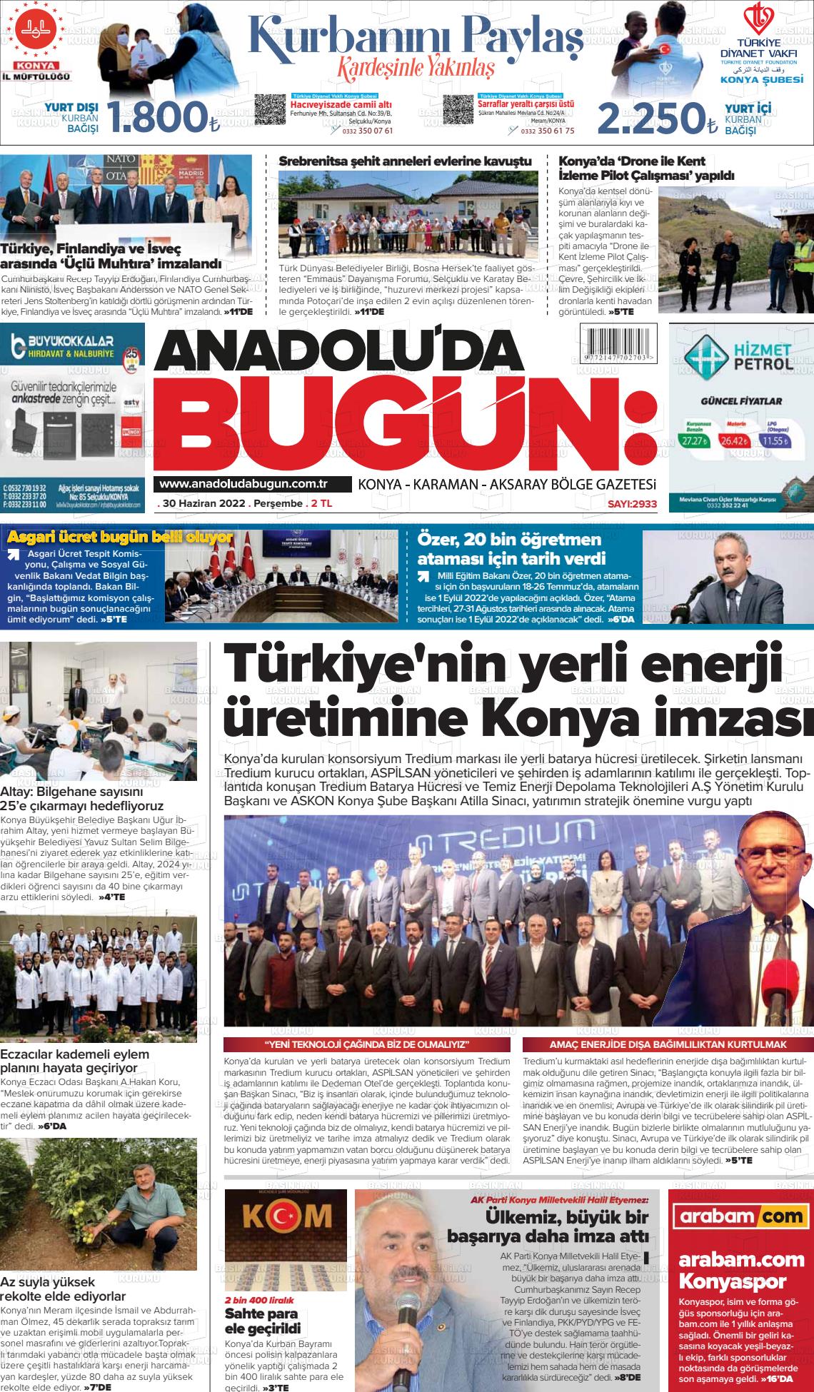 01 Temmuz 2022 Anadolu'da Bugün Gazete Manşeti
