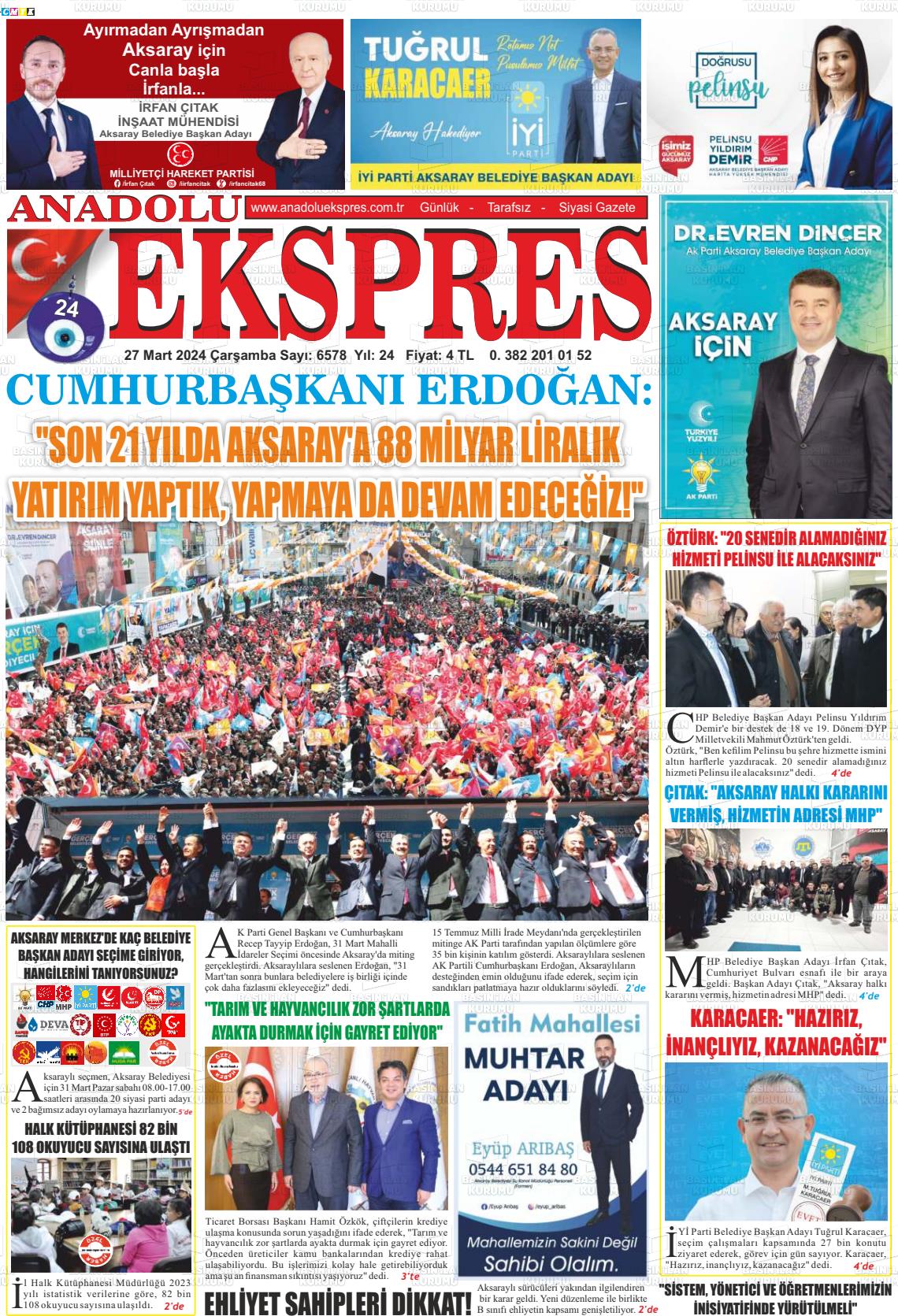 27 Mart 2024 Anadolu Ekspres Gazete Manşeti