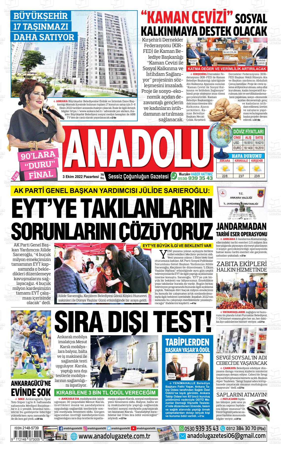 03 Ekim 2022 Ankara Anadolu Gazete Manşeti