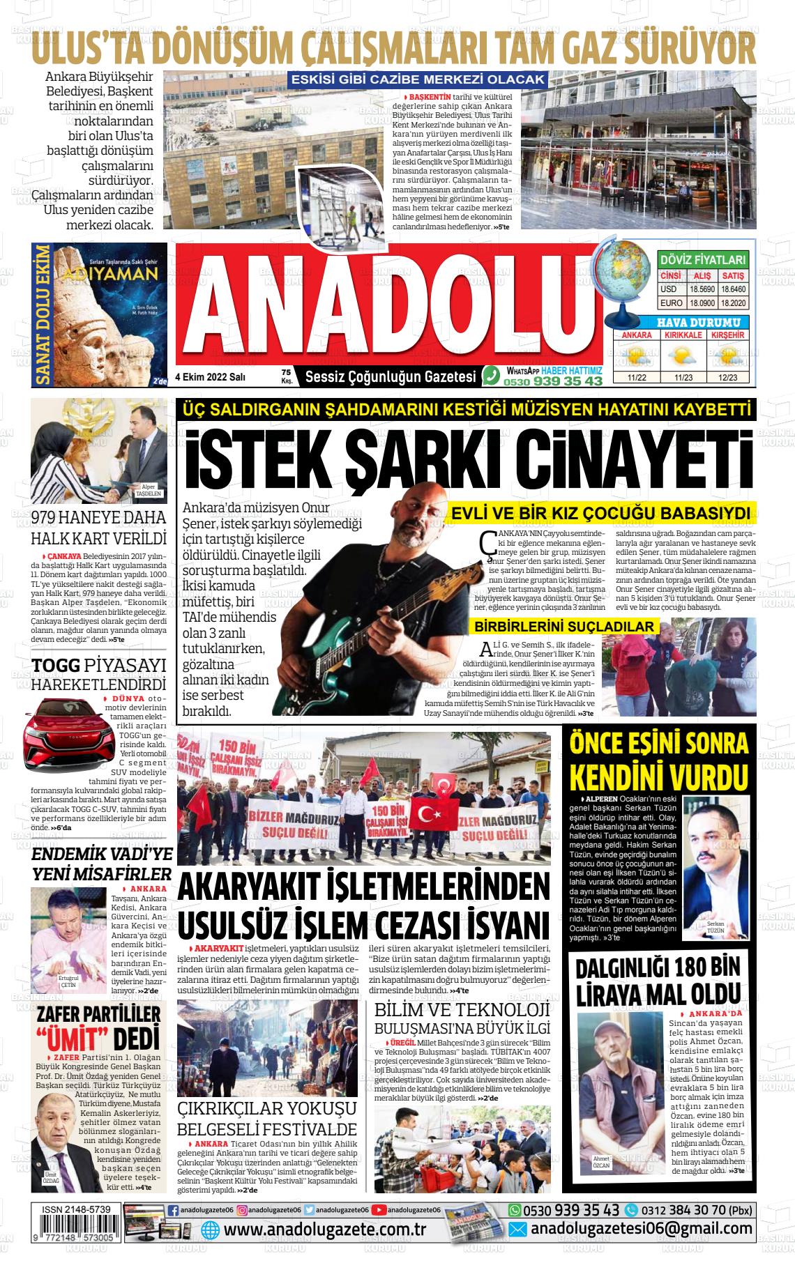 04 Ekim 2022 Ankara Anadolu Gazete Manşeti
