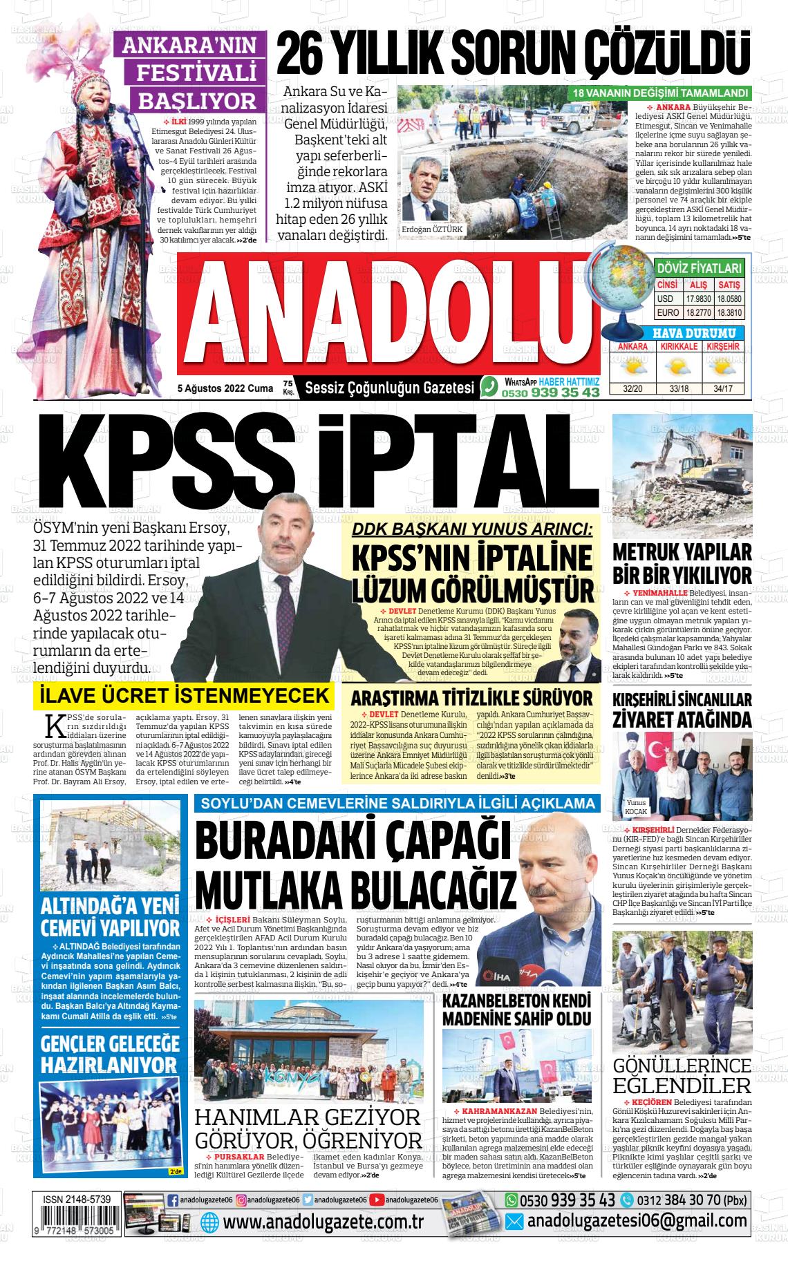 05 Ağustos 2022 Ankara Anadolu Gazete Manşeti