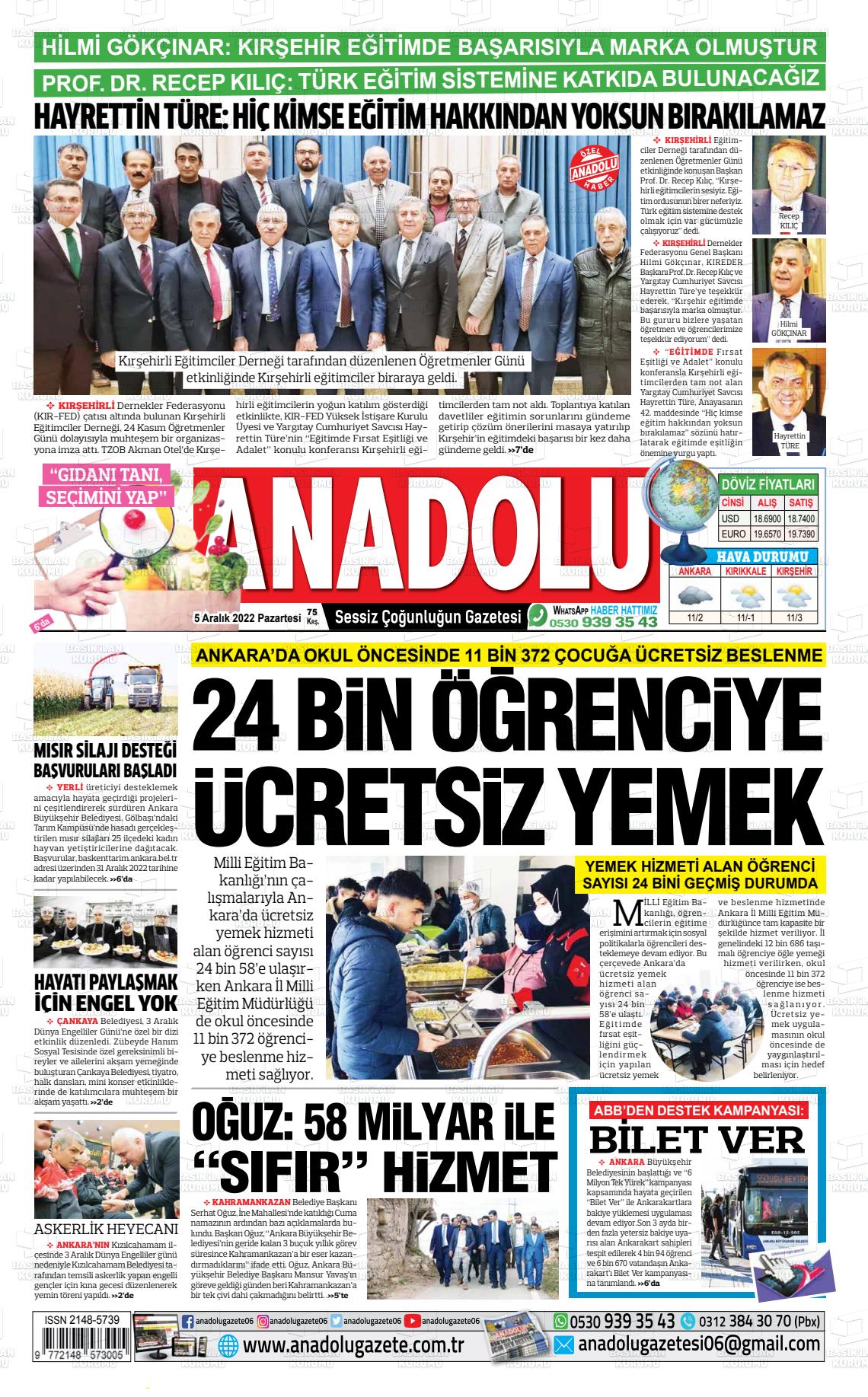 05 Aralık 2022 Ankara Anadolu Gazete Manşeti