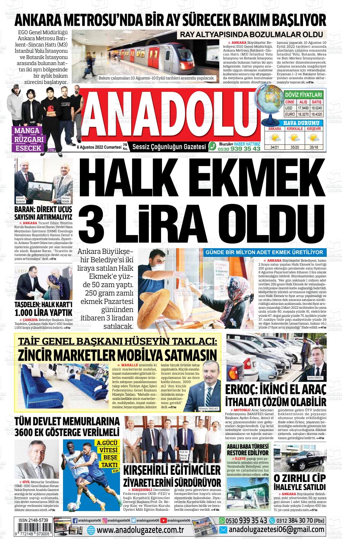 06 Ağustos 2022 Ankara Anadolu Gazete Manşeti
