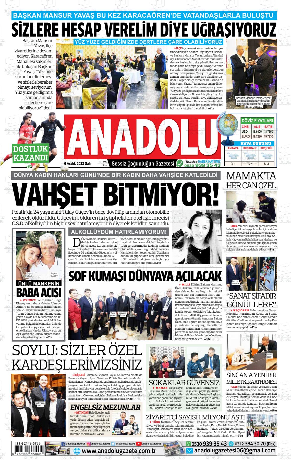 06 Aralık 2022 Ankara Anadolu Gazete Manşeti
