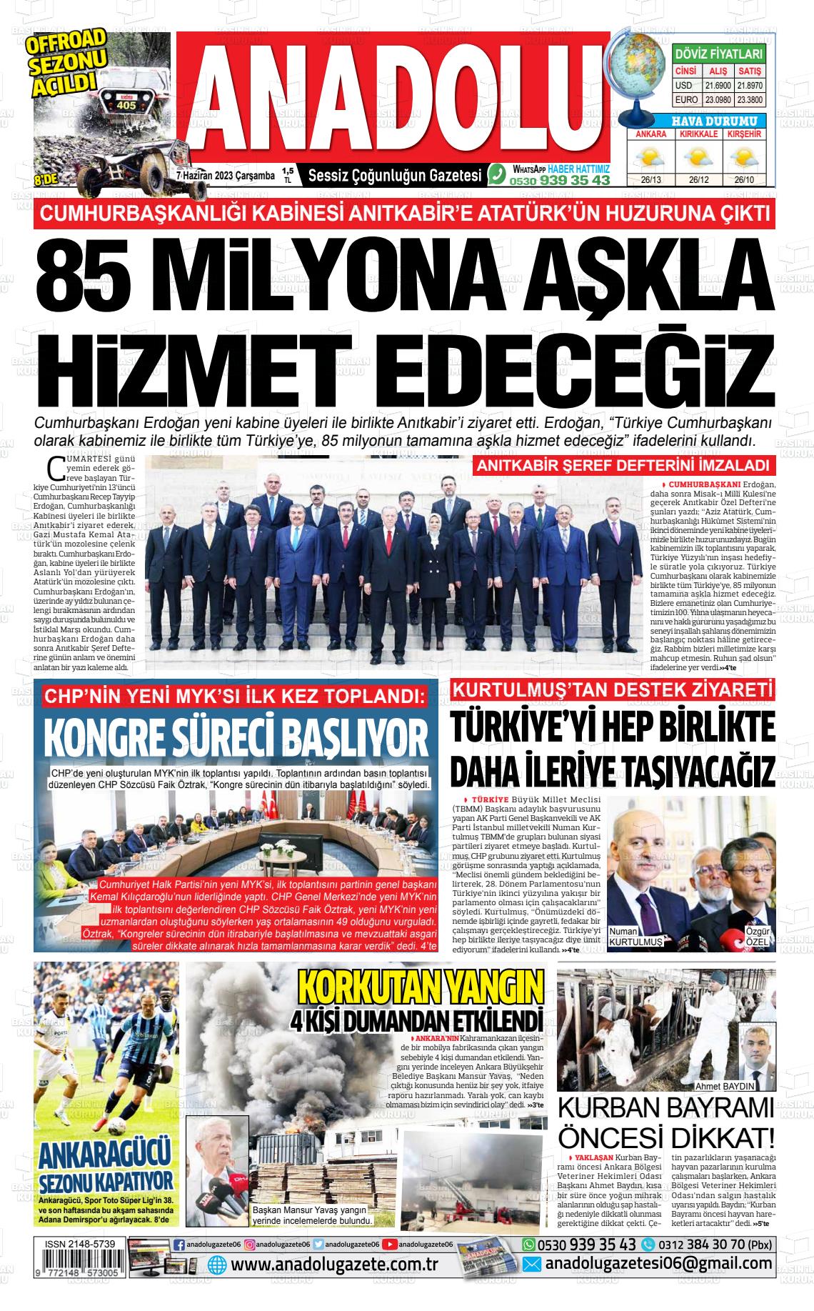 07 Haziran 2023 Ankara Anadolu Gazete Manşeti