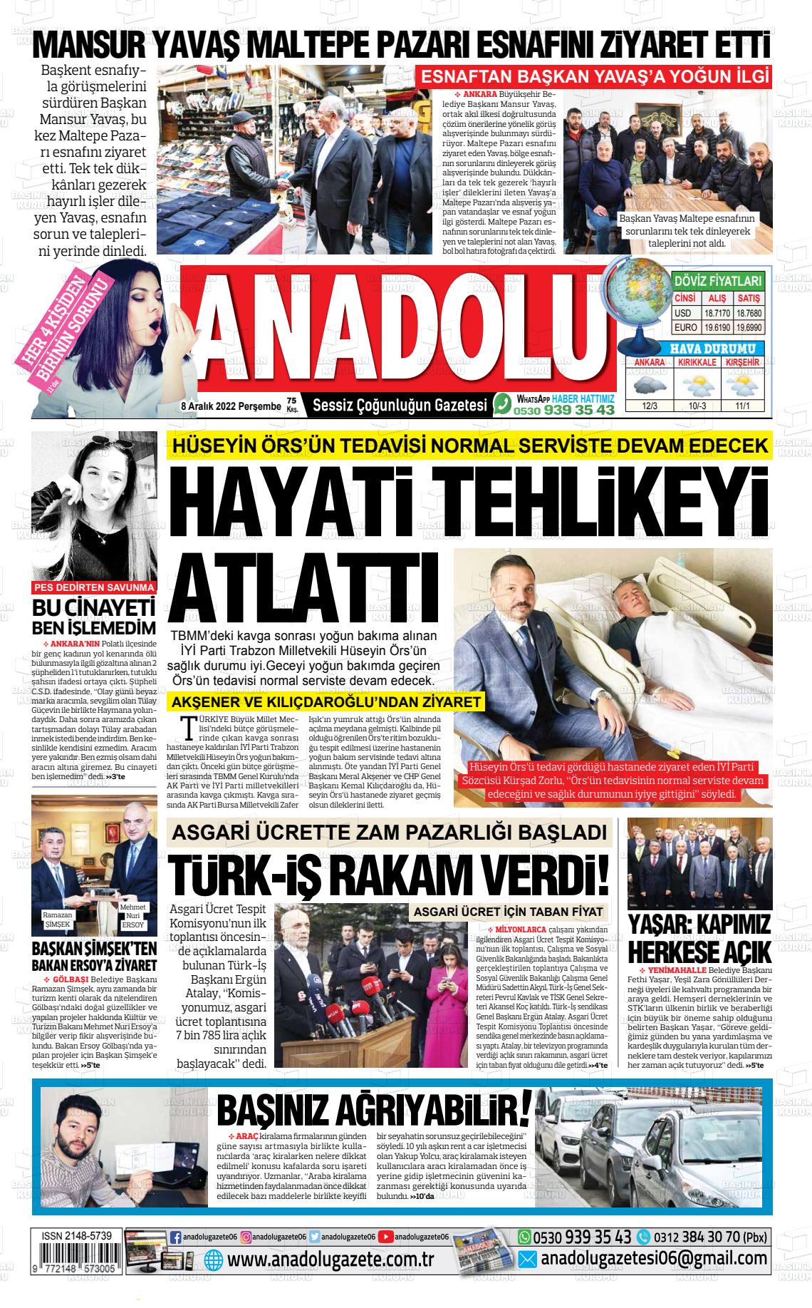 08 Aralık 2022 Ankara Anadolu Gazete Manşeti