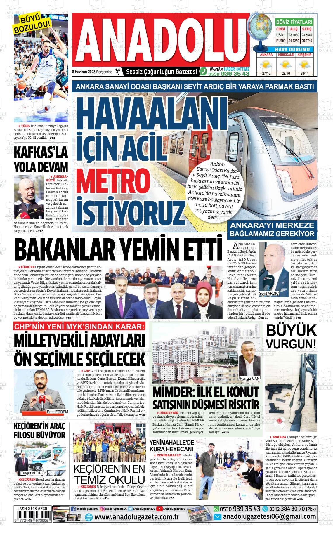 08 Haziran 2023 Ankara Anadolu Gazete Manşeti
