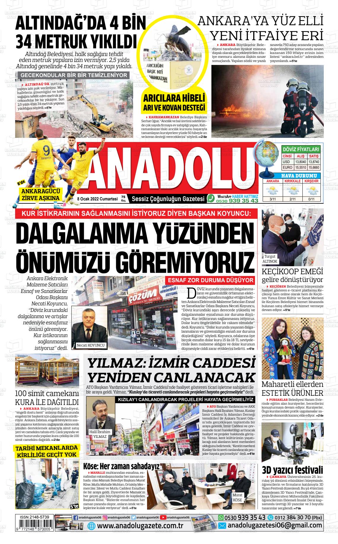 08 Ocak 2022 Ankara Anadolu Gazete Manşeti