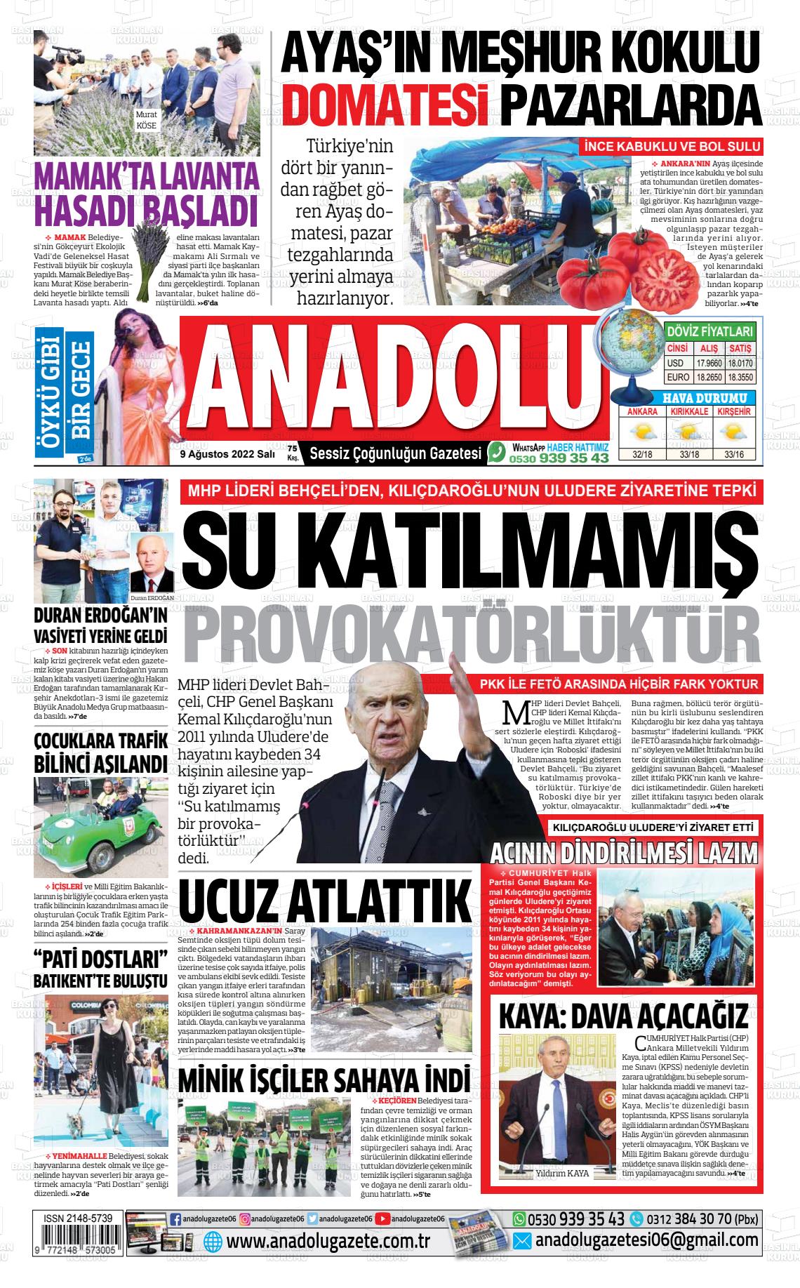 09 Ağustos 2022 Ankara Anadolu Gazete Manşeti