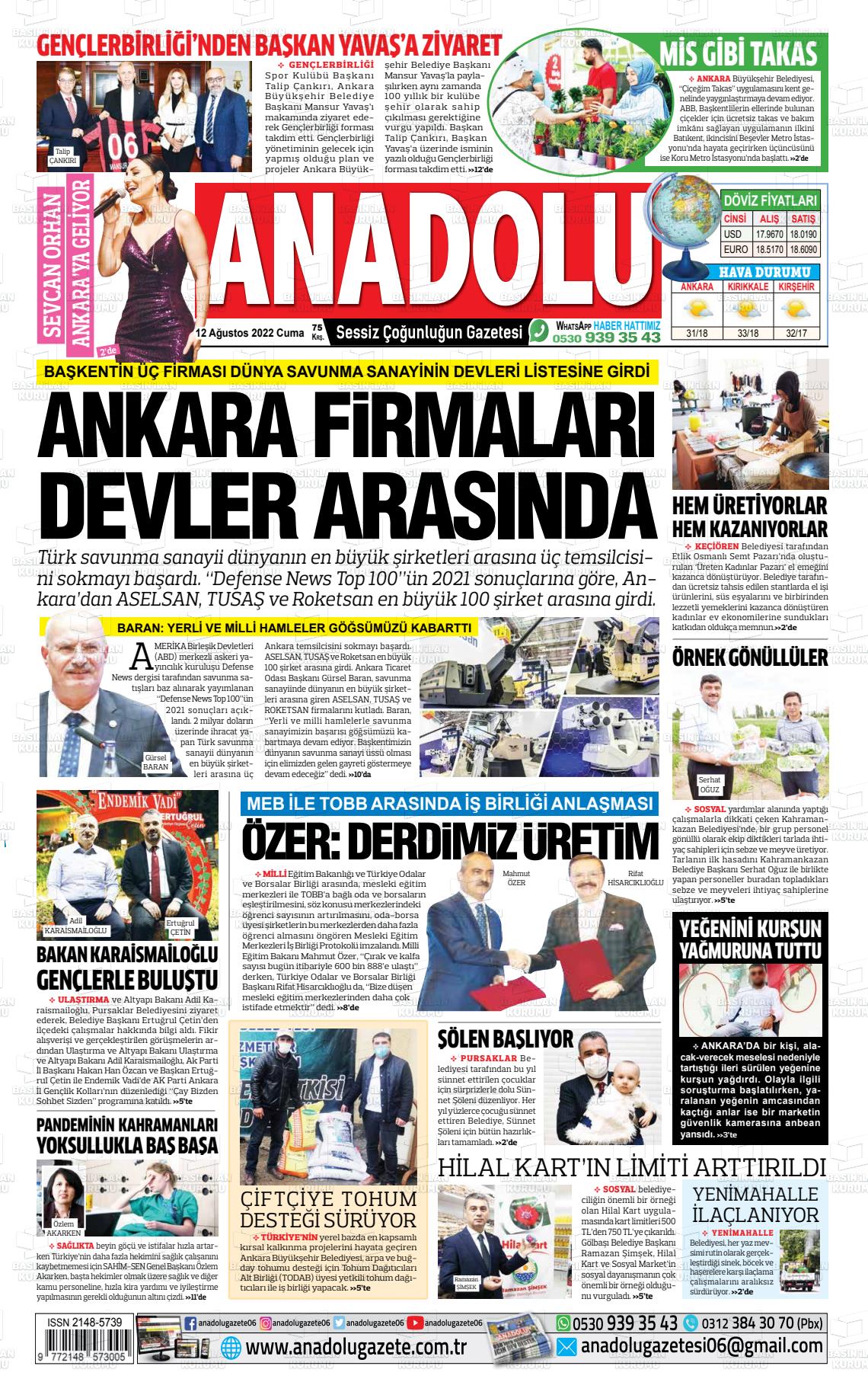 12 Ağustos 2022 Ankara Anadolu Gazete Manşeti
