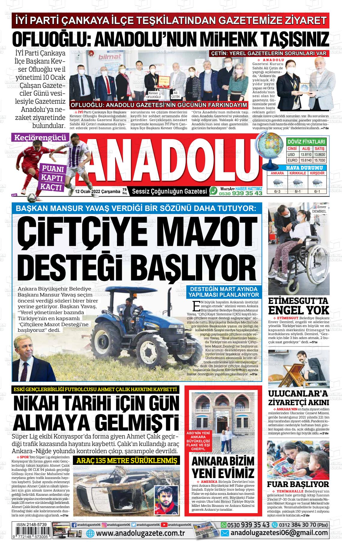 12 Ocak 2022 Ankara Anadolu Gazete Manşeti