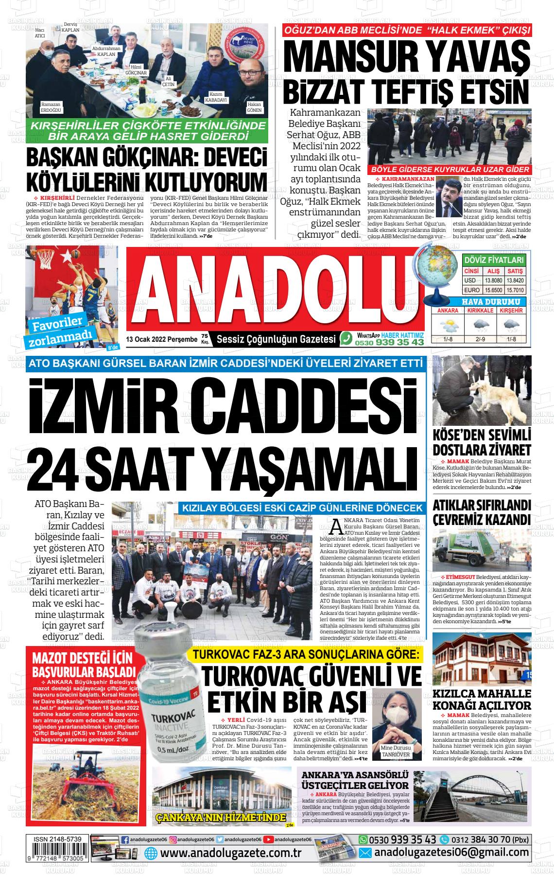 13 Ocak 2022 Ankara Anadolu Gazete Manşeti