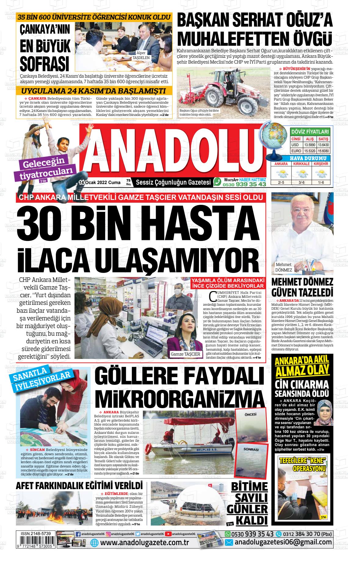 14 Ocak 2022 Ankara Anadolu Gazete Manşeti