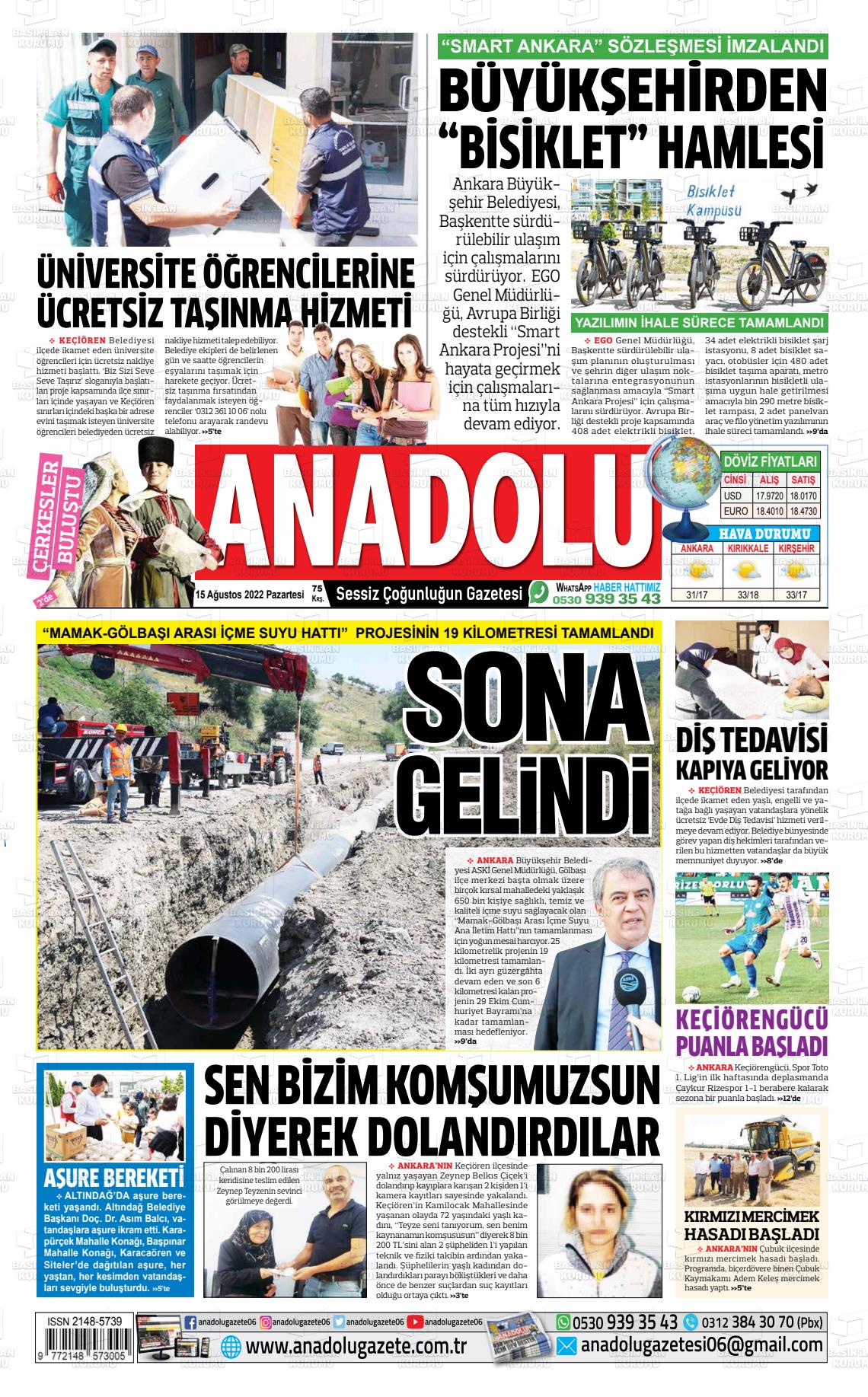 15 Ağustos 2022 Ankara Anadolu Gazete Manşeti