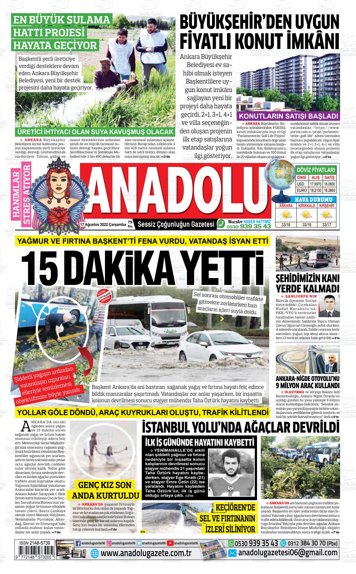17 Ağustos 2022 Ankara Anadolu Gazete Manşeti