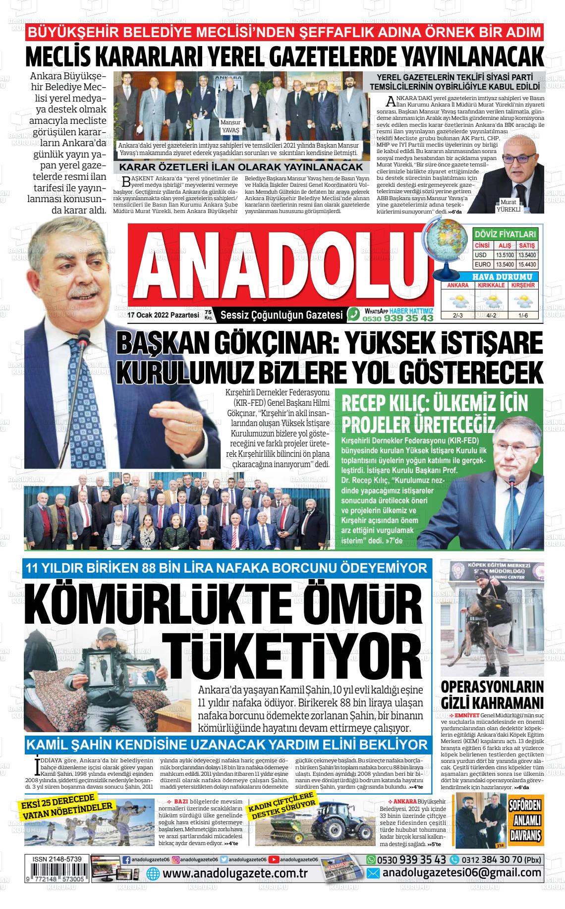 17 Ocak 2022 Ankara Anadolu Gazete Manşeti