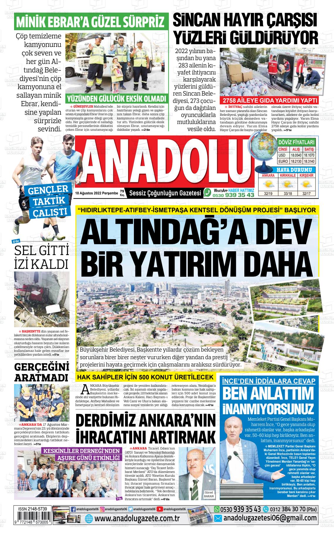 18 Ağustos 2022 Ankara Anadolu Gazete Manşeti