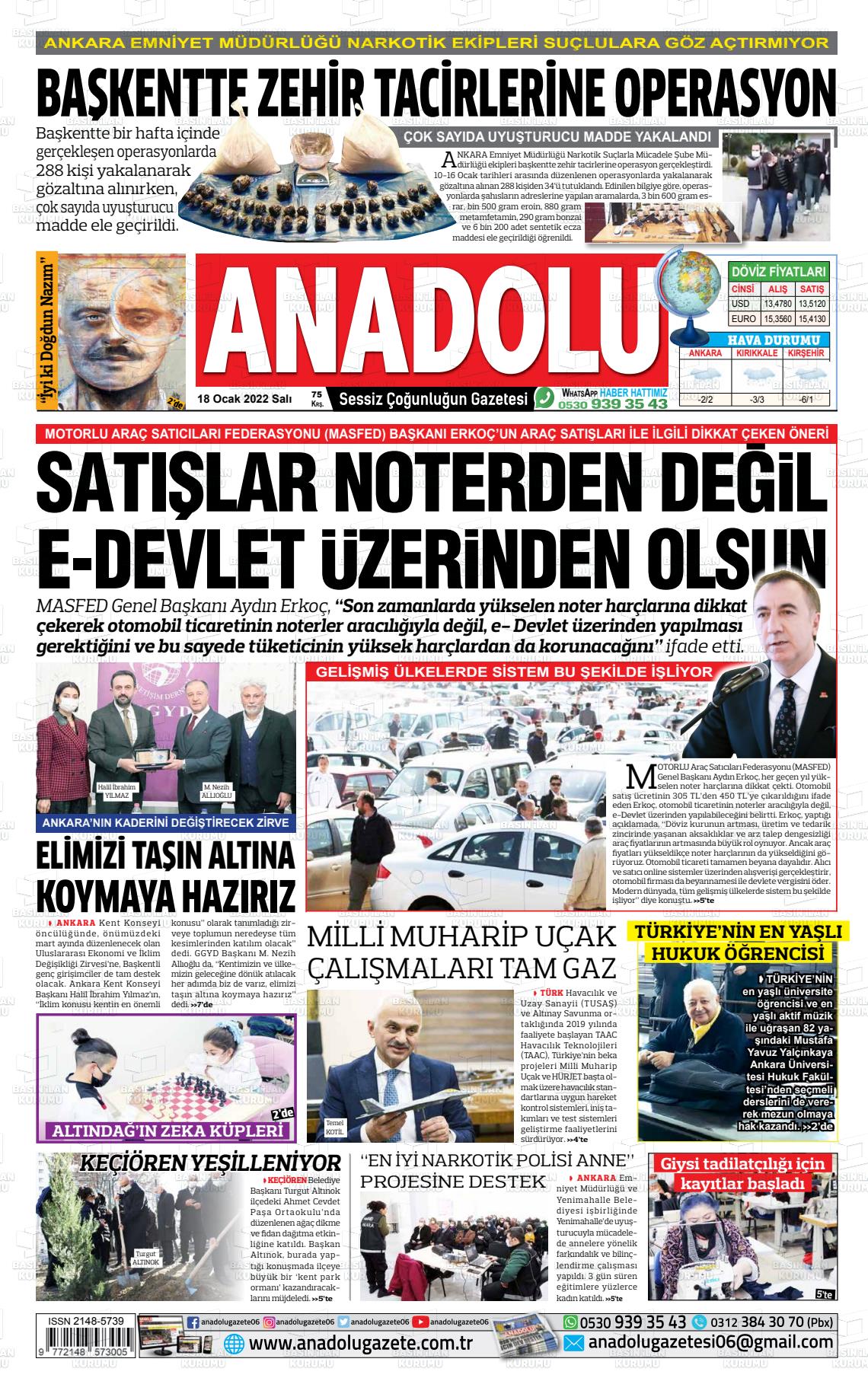 18 Ocak 2022 Ankara Anadolu Gazete Manşeti