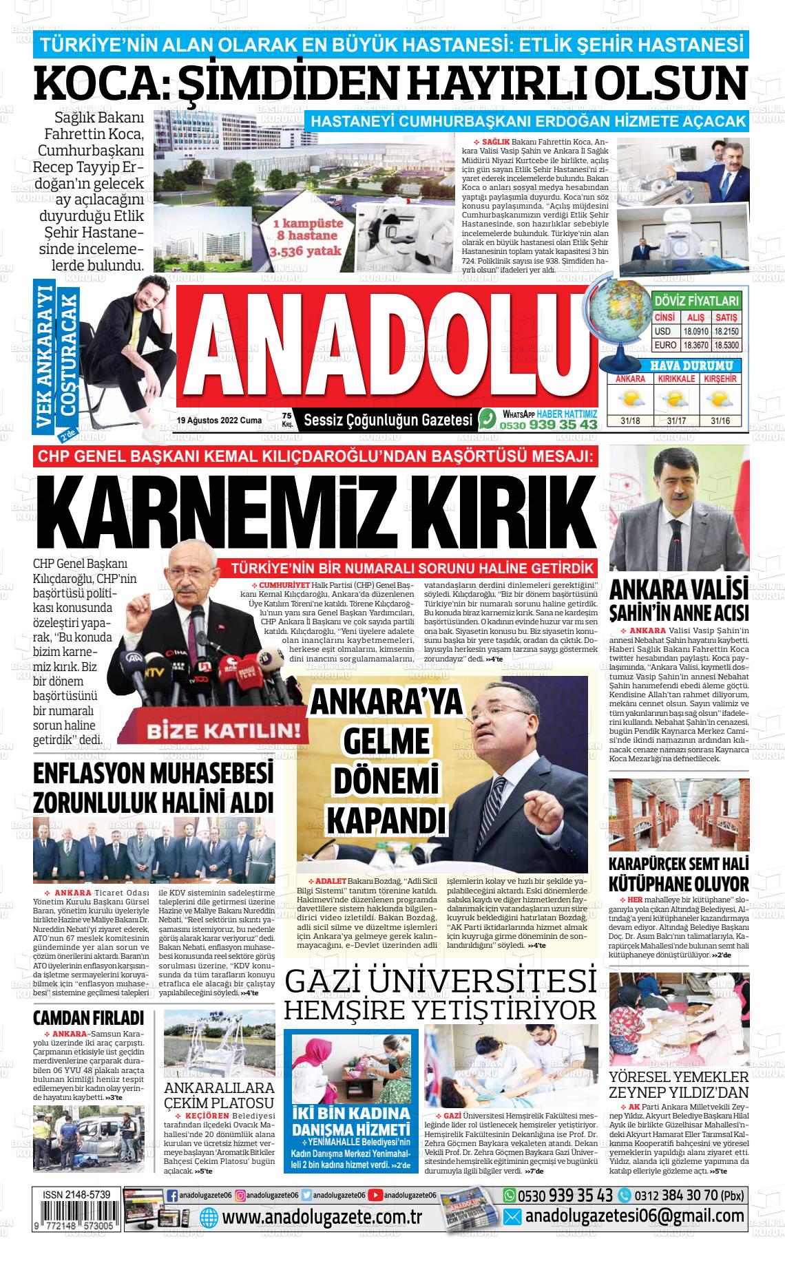 19 Ağustos 2022 Ankara Anadolu Gazete Manşeti